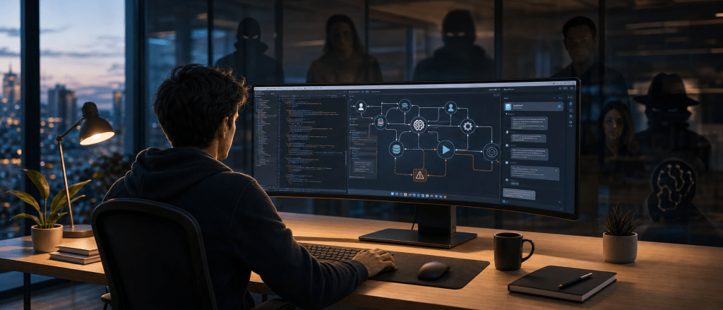 Agentic AI security risks - developer working at computer with coding agents on screen